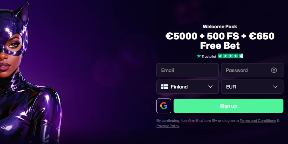 Win Beast Casino registration form with email, password, currency selection and welcome bonus offer
